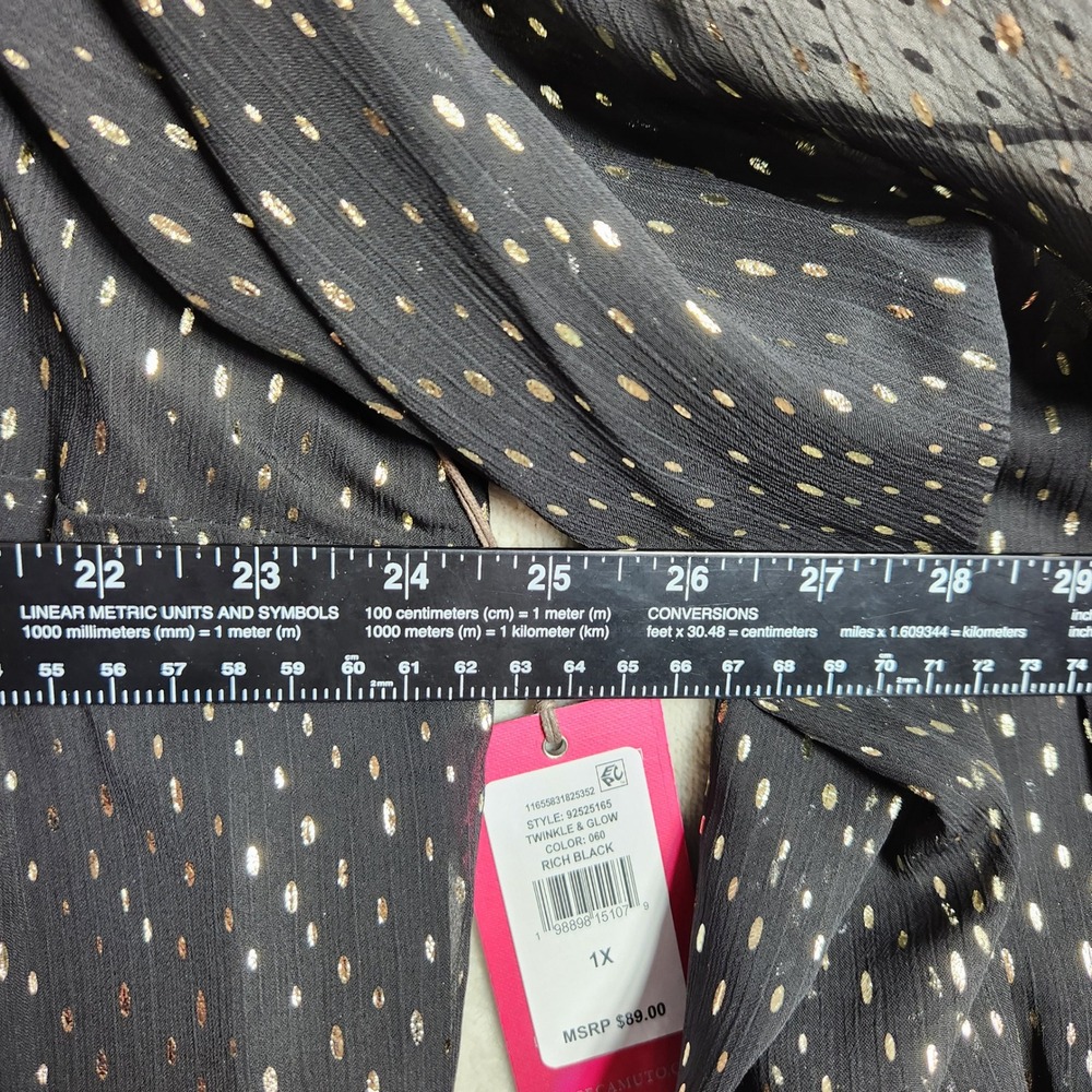Vince Camuto Twinkle Glow Blouse Women 1X Black Gold Metallic Dot Chiffon Career - Picture 6 of 7